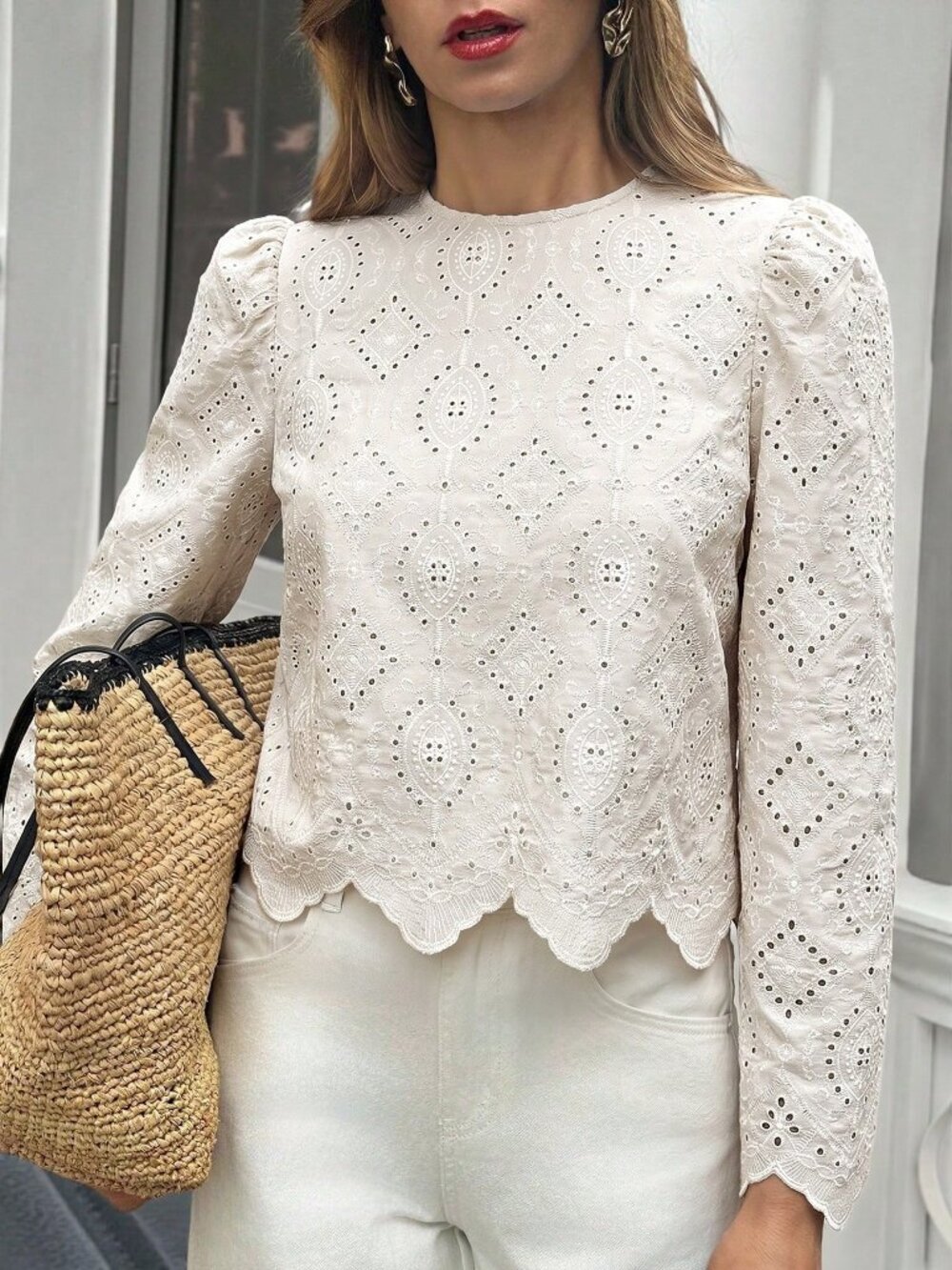 Apricot Casual Women's Hollow Embroidery Round Neck Long Sleeve Blouse top - Picture 5 of 6